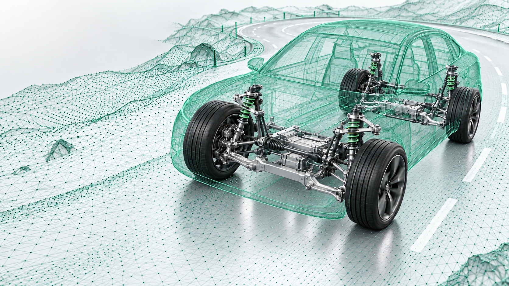 Emerald wireframe vehicle on a digitized proving ground